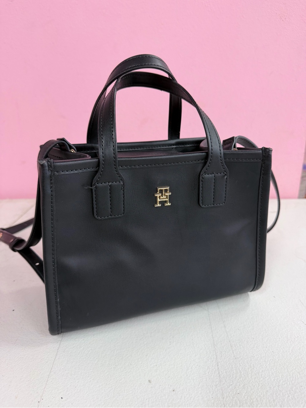 Tommy Hilfiger Black Leather Satchel with Gold Logo